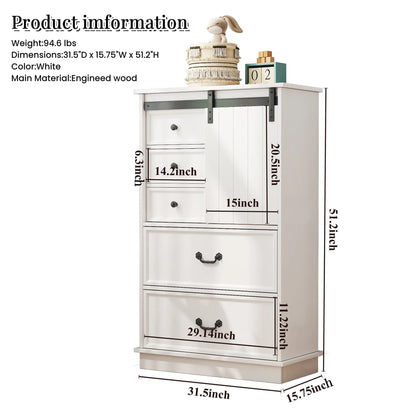 Farmhouse Tall Drawer Chest – 5 Drawers & Sliding Door Storage Shelf - Home Fusion