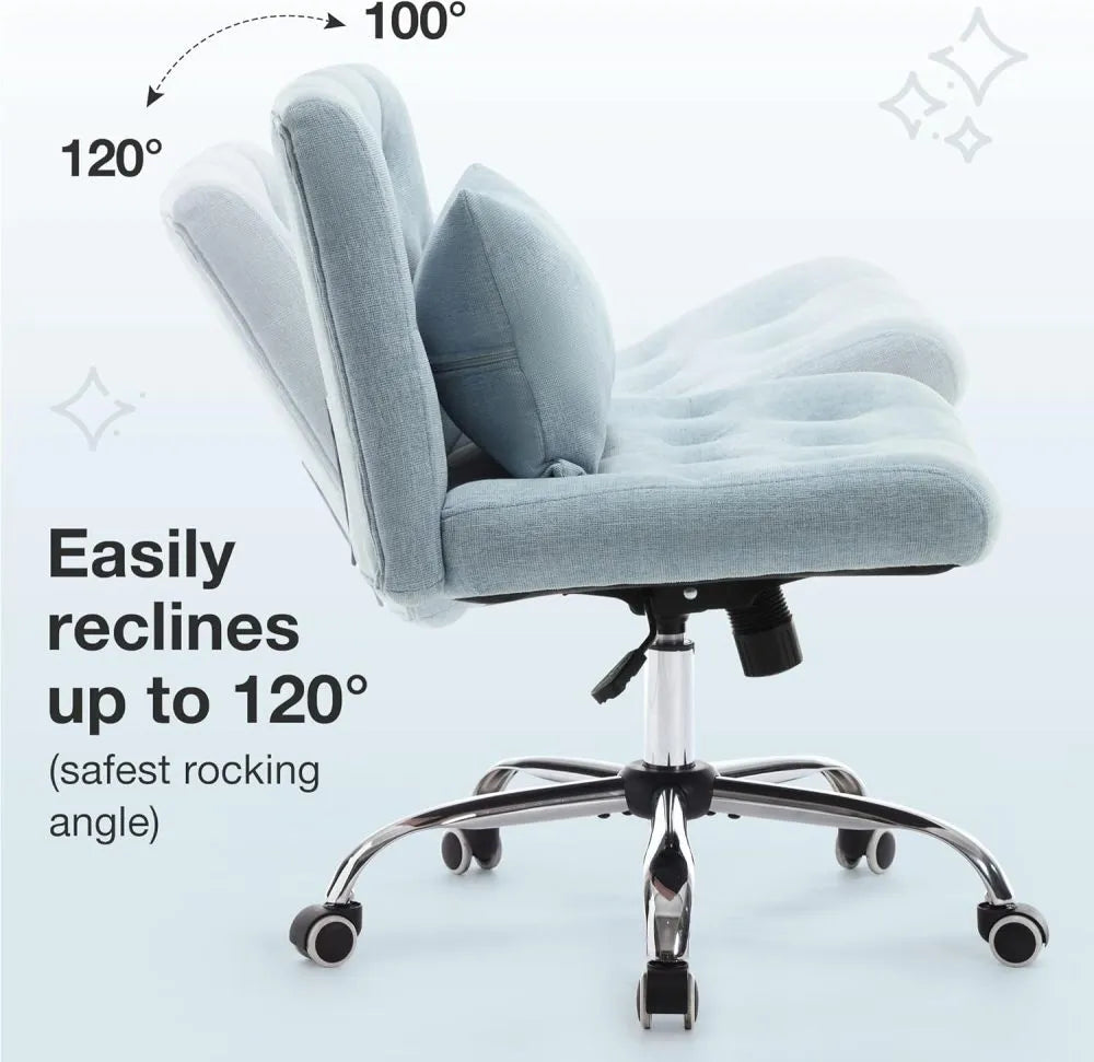 Armless Fabric Office Desk Chair with Wheels, Criss Cross Legged Wide Seat Chair, Modern Home Office Chair with Lumbar Pillow, Comfy Computer Task Chair for Small Space, Vanity Chair for Women, Girls - Home Fusion