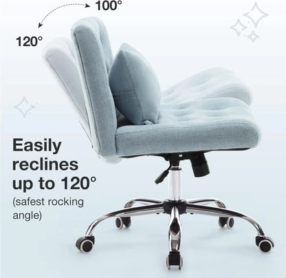 Armless Fabric Office Desk Chair with Wheels, Criss Cross Legged Wide Seat Chair, Modern Home Office Chair with Lumbar Pillow, Comfy Computer Task Chair for Small Space, Vanity Chair for Women, Girls - Home Fusion