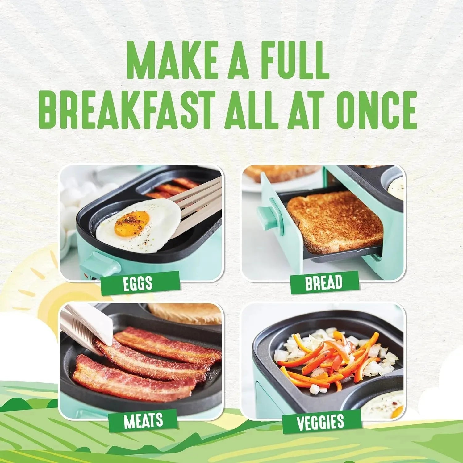 3-in-1 Breakfast Maker Station, Ceramic Nonstick Dual Griddles & Breakfast Sandwiches, 2 Slice Toast Drawer, Turquoise - Home Fusion