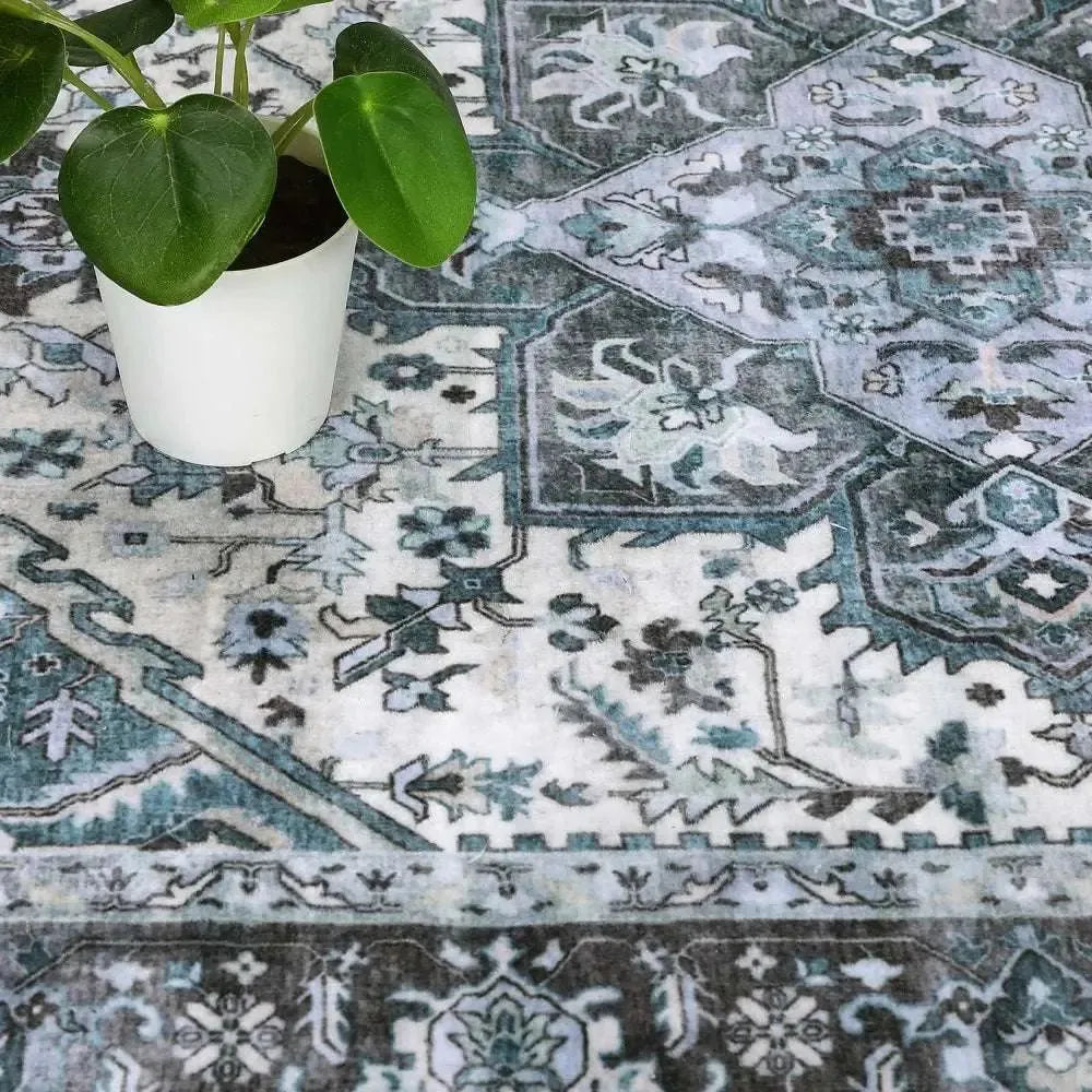 Washable Area Rugs 8x10 Living Room Rug Vintage Medallion Throw Rugs Soft Floor Cover Low Pile Non-Slip Accent Carpet Retro Rug