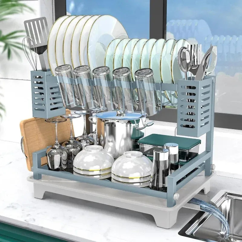 Dish Drying Rack for Kitchen Counter with Drainboard & Utensil Holders - Home Fusion