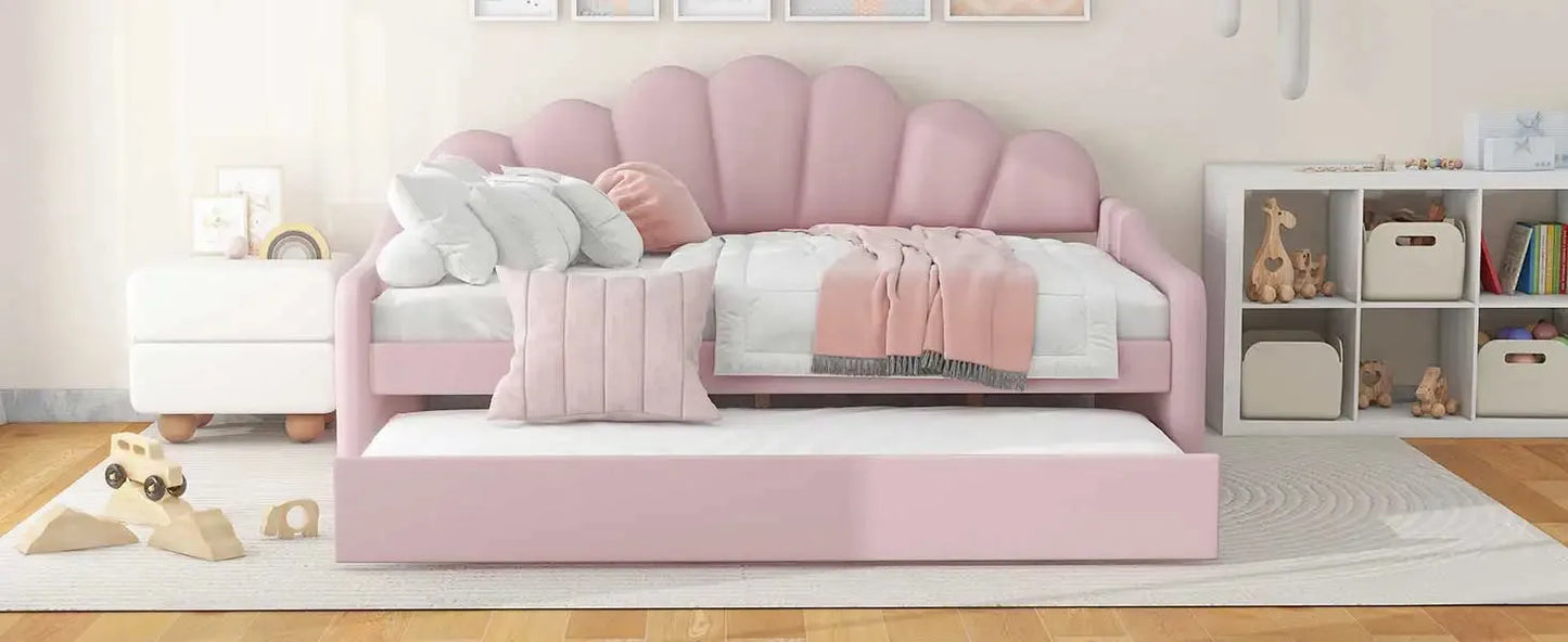Elegant Full-Size Upholstered Daybed with Shell-Shaped Backrest. - Home Fusion