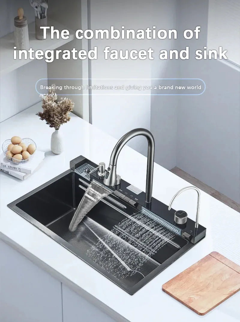 304 Stainless Steel Waterfall Kitchen Sink Large Single Slot Integrated Digital Display Faucet Set Soap Dispenser Cup Washer