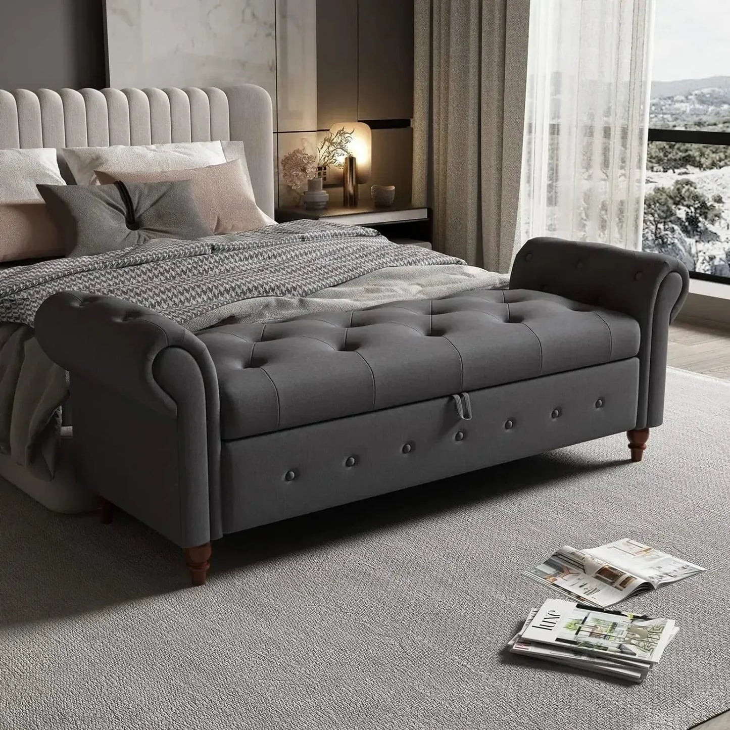 Storage Ottoman Bench, End of Bed Button Tufted Ottoman Bench, Rolled Armed Ottoman Couch Long Bench for Bedroom, Living Room - Home Fusion