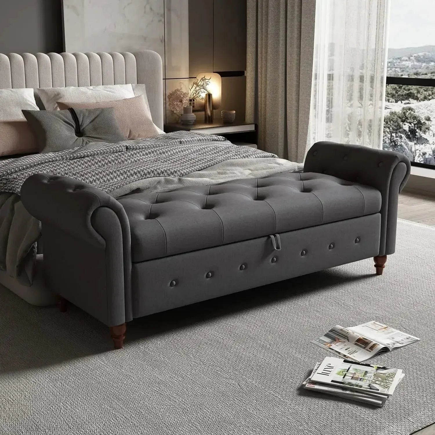 Storage Ottoman Bench, End of Bed Button Tufted Ottoman Bench, Rolled Armed Ottoman Couch Long Bench for Bedroom, Living Room - Home Fusion