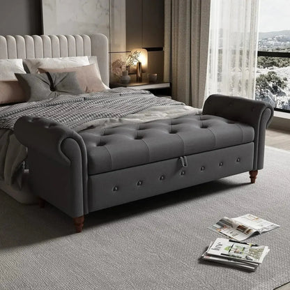 Storage Ottoman Bench, End of Bed Button Tufted Ottoman Bench, Rolled Armed Ottoman Couch Long Bench for Bedroom, Living Room - Home Fusion