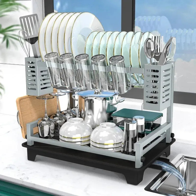 Dish Drying Rack for Kitchen Counter with Drainboard & Utensil Holders - Home Fusion
