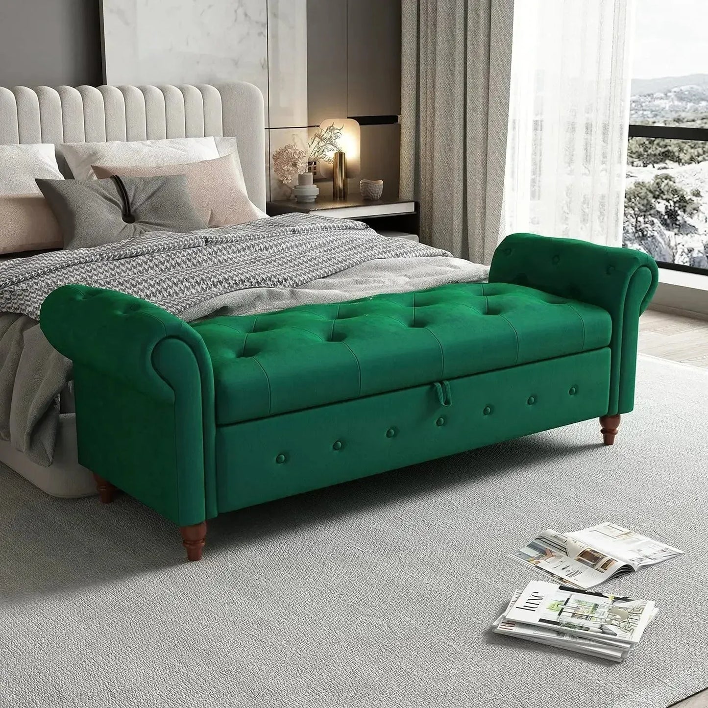 Storage Ottoman Bench, End of Bed Button Tufted Ottoman Bench, Rolled Armed Ottoman Couch Long Bench for Bedroom, Living Room - Home Fusion