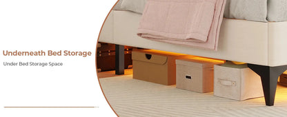 Queen Size Upholstered Bed Frame with LED Lights, Adjustable Headboard with Crystal Button, Solid Wood Slats Support, Beige