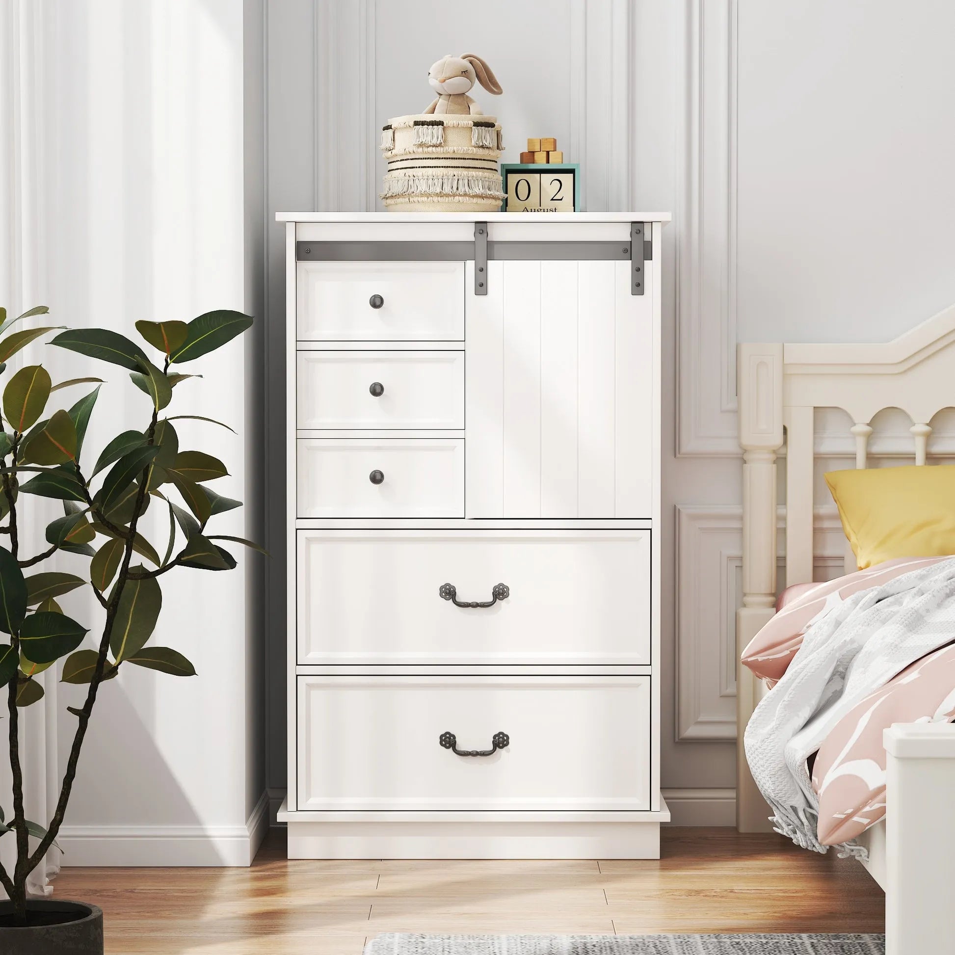 Farmhouse Tall Drawer Chest – 5 Drawers & Sliding Door Storage Shelf - Home Fusion