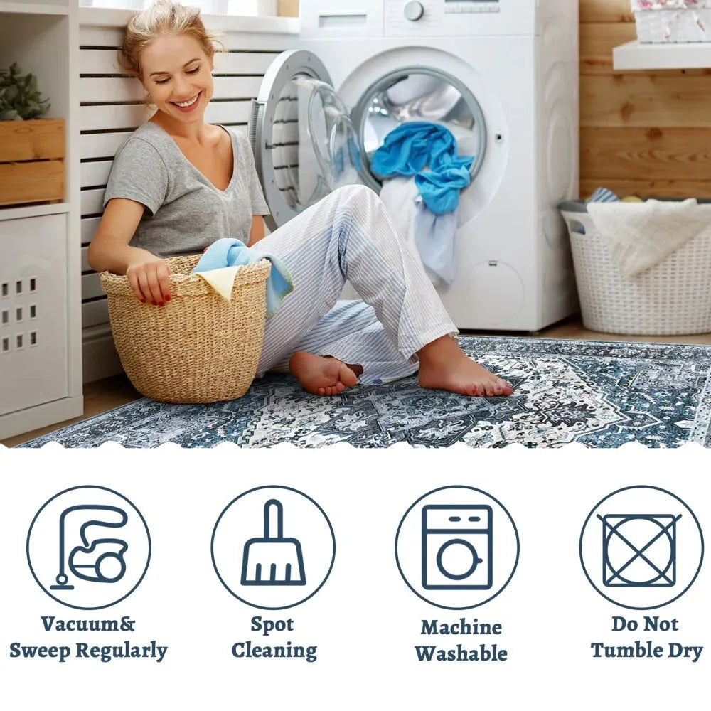 Washable Area Rugs 8x10 Living Room Rug Vintage Medallion Throw Rugs Soft Floor Cover Low Pile Non-Slip Accent Carpet Retro Rug