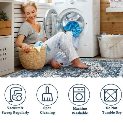 Washable Area Rugs 8x10 Living Room Rug Vintage Medallion Throw Rugs Soft Floor Cover Low Pile Non-Slip Accent Carpet Retro Rug