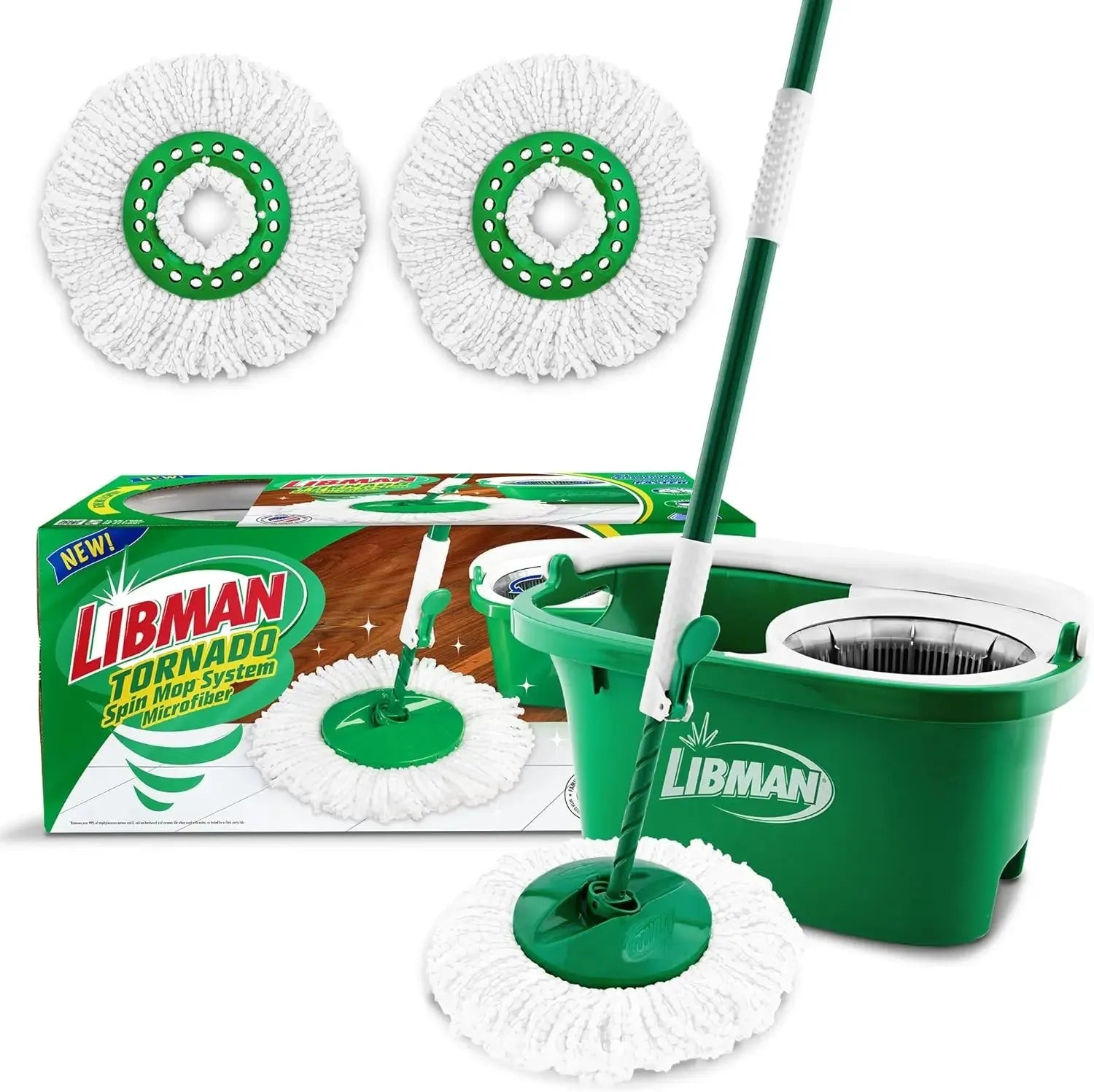 Tornado Spin Mop System - Mop and Bucket with Wringer Set for Floor Cleaning - 2 Total Mop Heads Included, Green - Home Fusion
