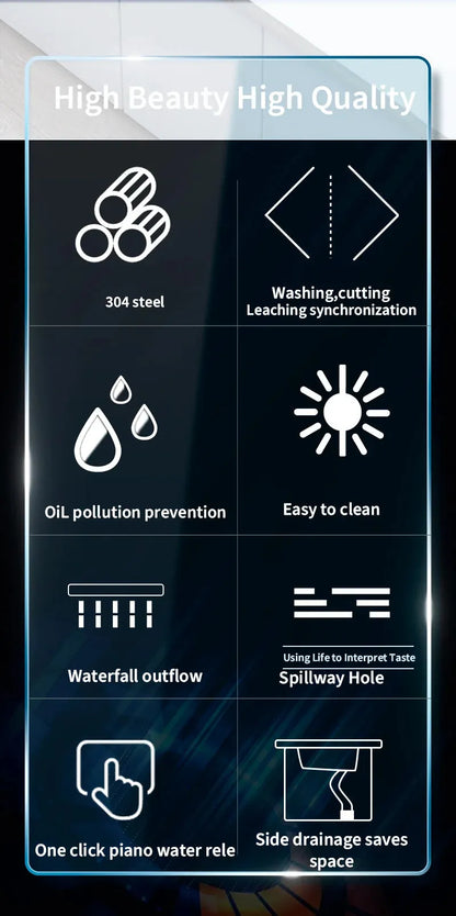 304 Stainless Steel Waterfall Kitchen Sink Large Single Slot Integrated Digital Display Faucet Set Soap Dispenser Cup Washer