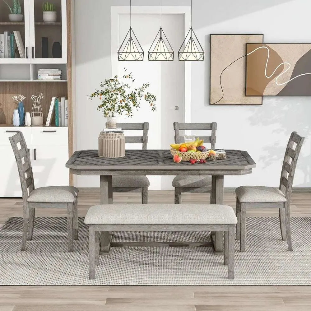 6 Pieces Dining Table Set with Bench. - Home Fusion