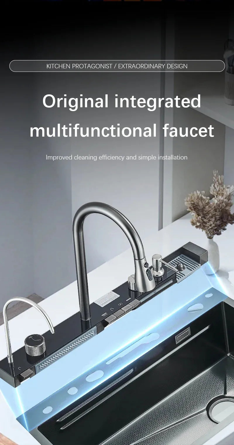 304 Stainless Steel Waterfall Kitchen Sink Large Single Slot Integrated Digital Display Faucet Set Soap Dispenser Cup Washer