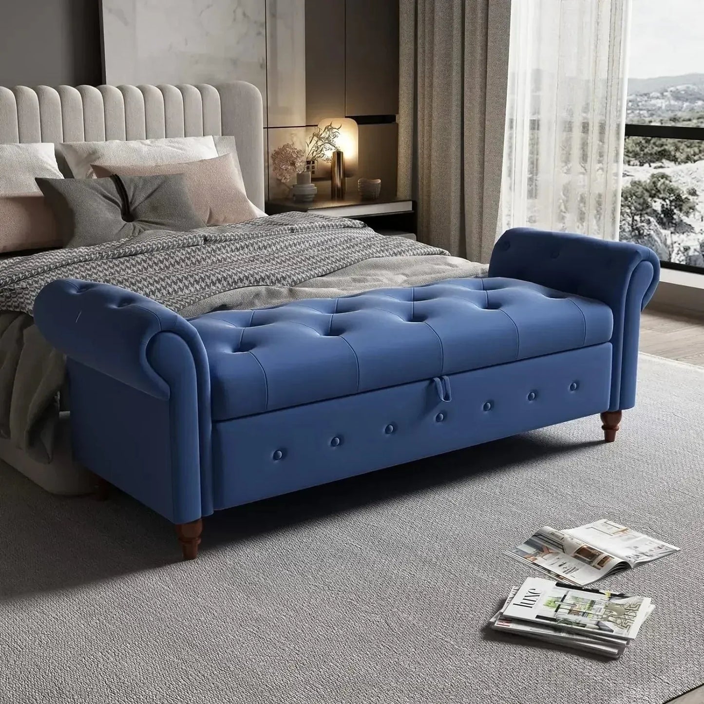 Storage Ottoman Bench, End of Bed Button Tufted Ottoman Bench, Rolled Armed Ottoman Couch Long Bench for Bedroom, Living Room - Home Fusion