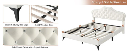Queen Size Upholstered Bed Frame with LED Lights, Adjustable Headboard with Crystal Button, Solid Wood Slats Support, Beige