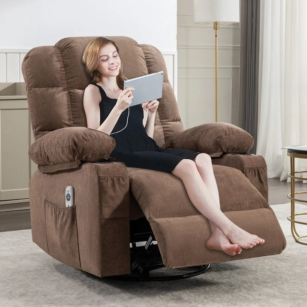 Massage Rocker Recliner Chair Rocking Chairs for Adults Oversized with 2 Cup Holders, USB Charge Port Soft Features a Manual Massage and Heat.(A+B)BROWN - Home Fusion