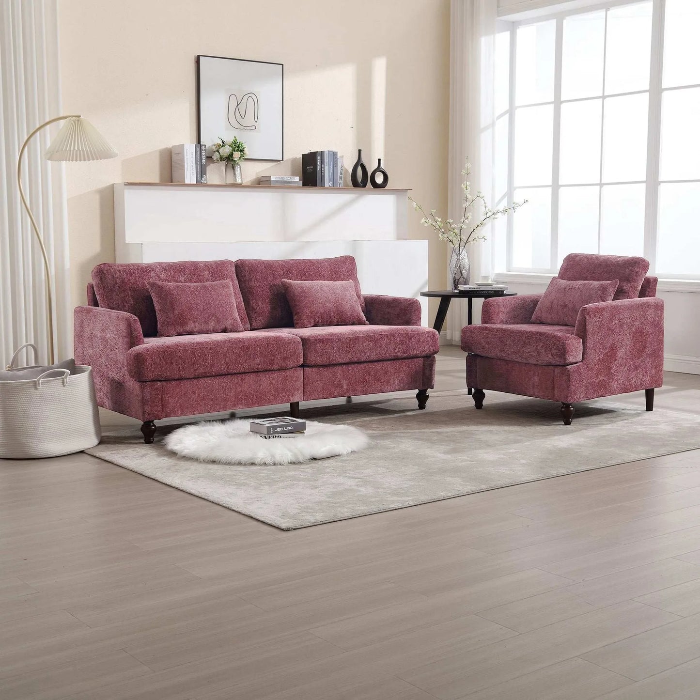 COOLMORE Wood Frame Armchair,  Modern Accent Chair Lounge Chair for Living Room,Tufted Club Chair, Mid Century Modern Arm Chairs with Studded, Solid Wood Frame, for Bedroom, Reading(Wine red Chenille) - Home Fusion