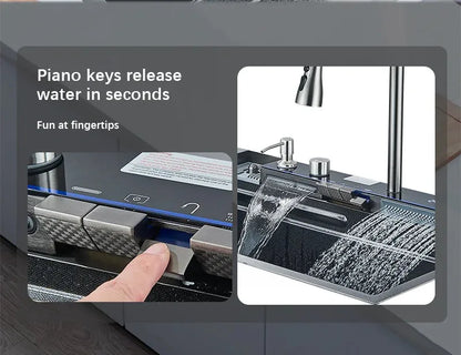 304 Stainless Steel Waterfall Kitchen Sink Large Single Slot Integrated Digital Display Faucet Set Soap Dispenser Cup Washer