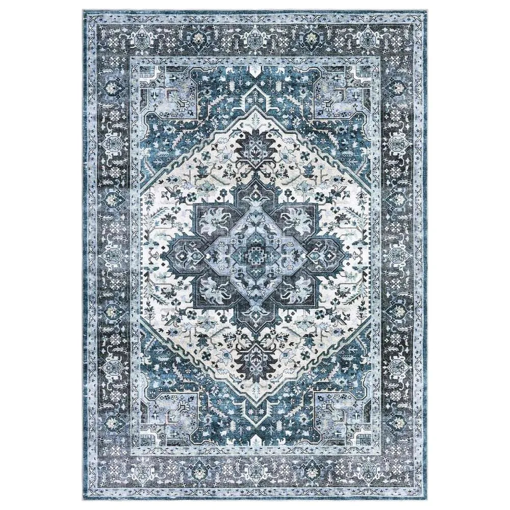 Washable Area Rugs 8x10 Living Room Rug Vintage Medallion Throw Rugs Soft Floor Cover Low Pile Non-Slip Accent Carpet Retro Rug