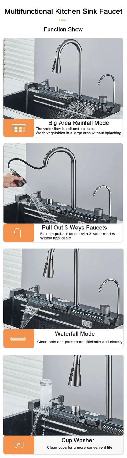 Stainless Steel Kitchen Sink with Faucet 75*45cm Large Single Bowl Digital Display Dish Basin Sink Waterfall Hot Cold Faucets - Home Fusion
