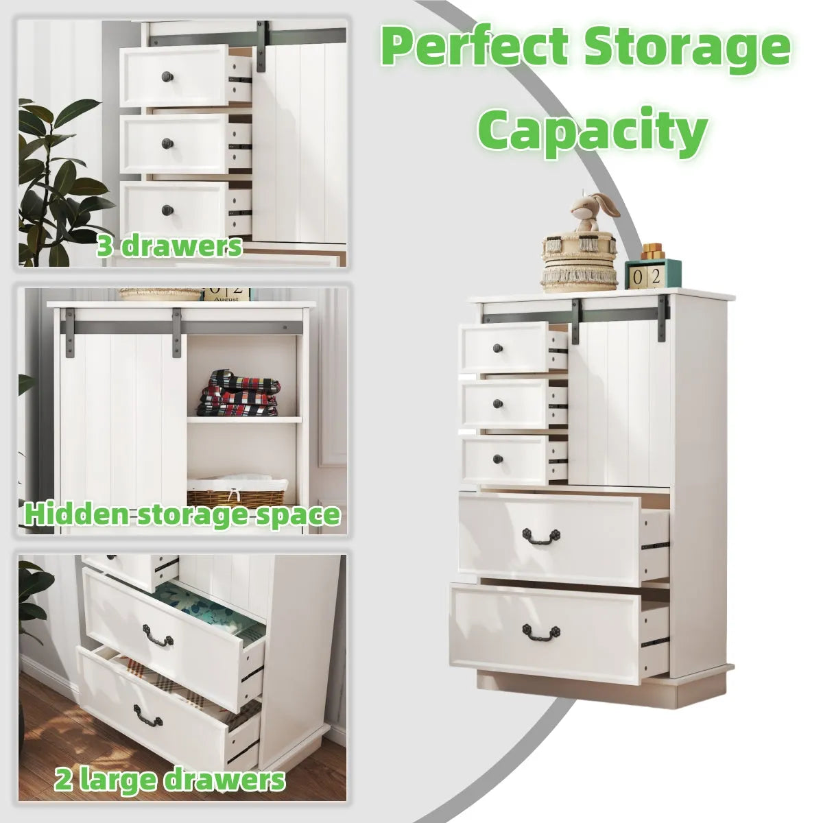 Farmhouse Tall Drawer Chest – 5 Drawers & Sliding Door Storage Shelf - Home Fusion