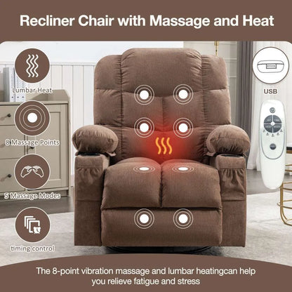 Massage Rocker Recliner Chair Rocking Chairs for Adults Oversized with 2 Cup Holders, USB Charge Port Soft Features a Manual Massage and Heat.(A+B)BROWN - Home Fusion