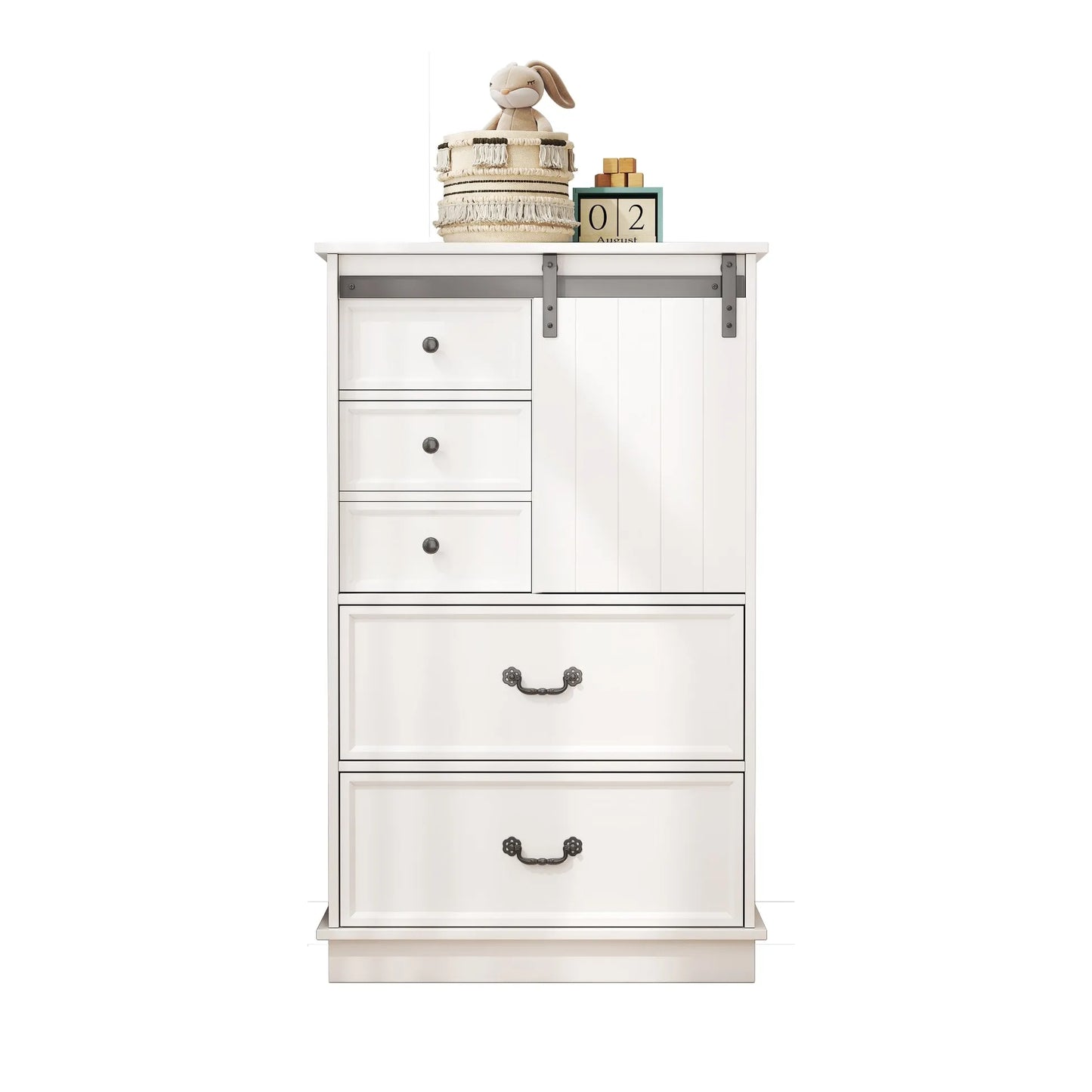 Farmhouse Tall Drawer Chest – 5 Drawers & Sliding Door Storage Shelf - Home Fusion