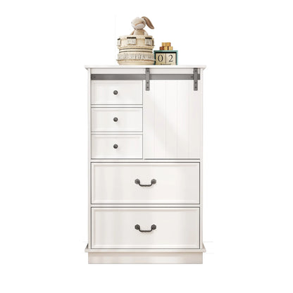 Farmhouse Tall Drawer Chest – 5 Drawers & Sliding Door Storage Shelf - Home Fusion
