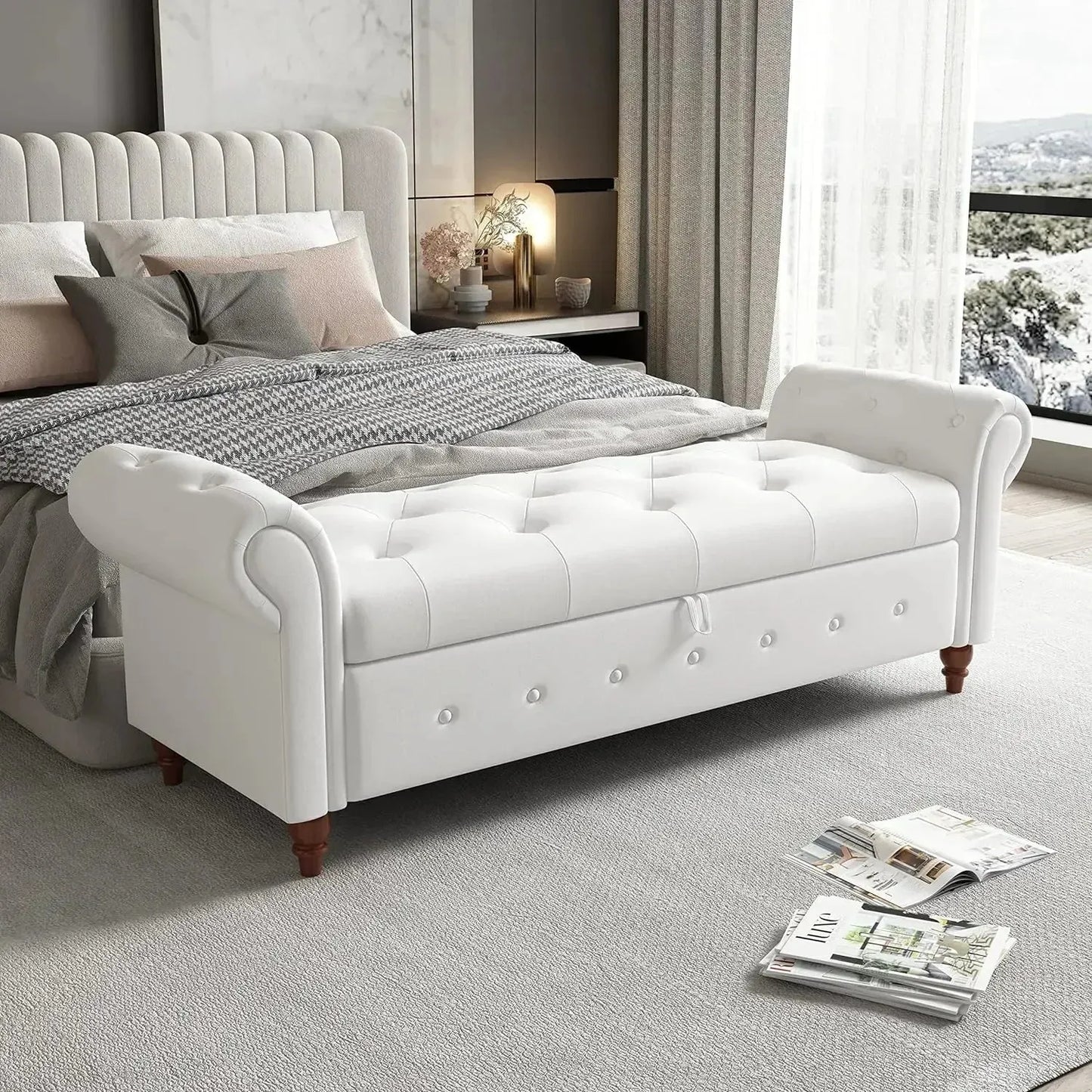Storage Ottoman Bench, End of Bed Button Tufted Ottoman Bench, Rolled Armed Ottoman Couch Long Bench for Bedroom, Living Room - Home Fusion