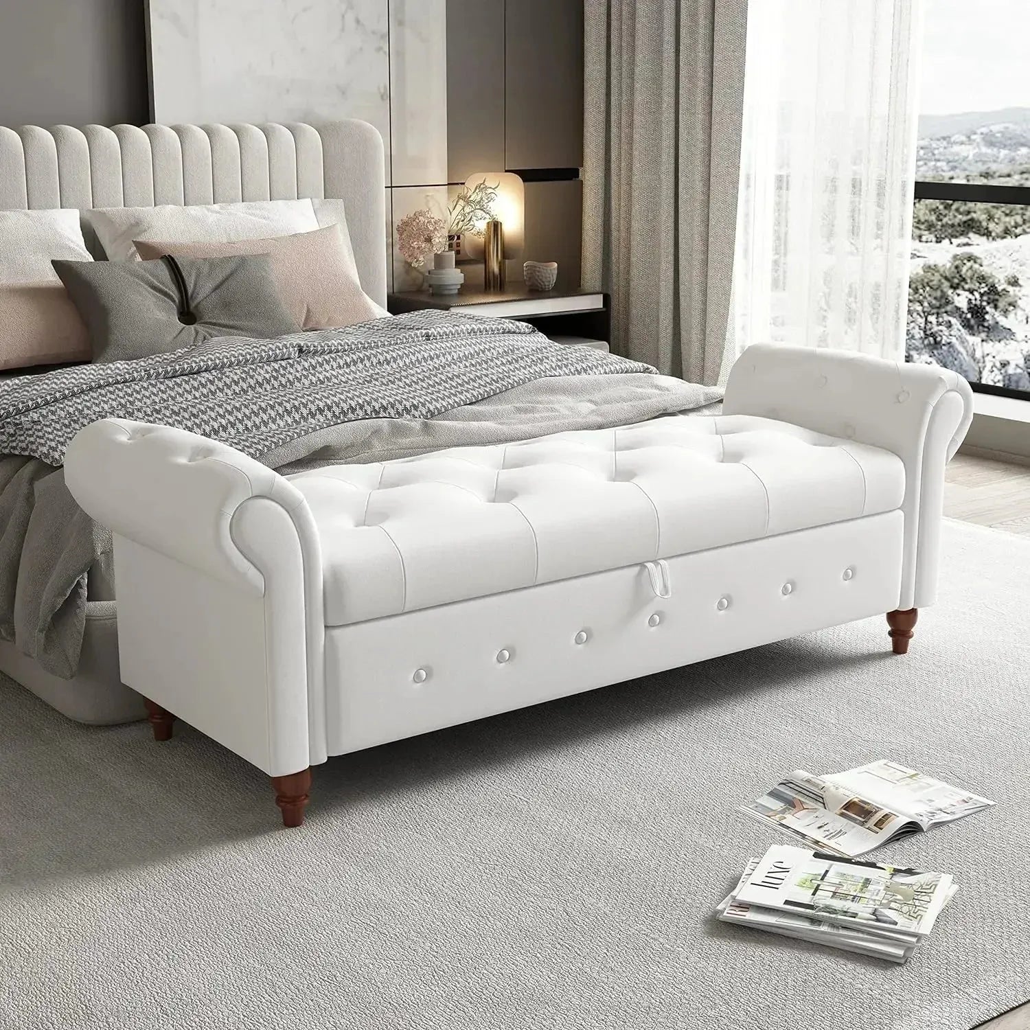 Storage Ottoman Bench, End of Bed Button Tufted Ottoman Bench, Rolled Armed Ottoman Couch Long Bench for Bedroom, Living Room - Home Fusion
