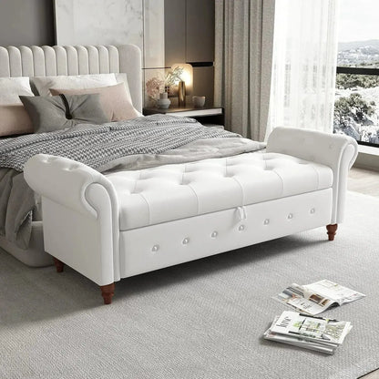 Storage Ottoman Bench, End of Bed Button Tufted Ottoman Bench, Rolled Armed Ottoman Couch Long Bench for Bedroom, Living Room - Home Fusion