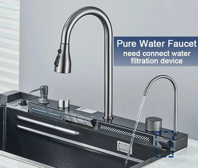 Stainless Steel Kitchen Sink with Faucet 75*45cm Large Single Bowl Digital Display Dish Basin Sink Waterfall Hot Cold Faucets - Home Fusion