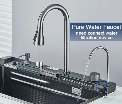 Stainless Steel Kitchen Sink with Faucet 75*45cm Large Single Bowl Digital Display Dish Basin Sink Waterfall Hot Cold Faucets - Home Fusion