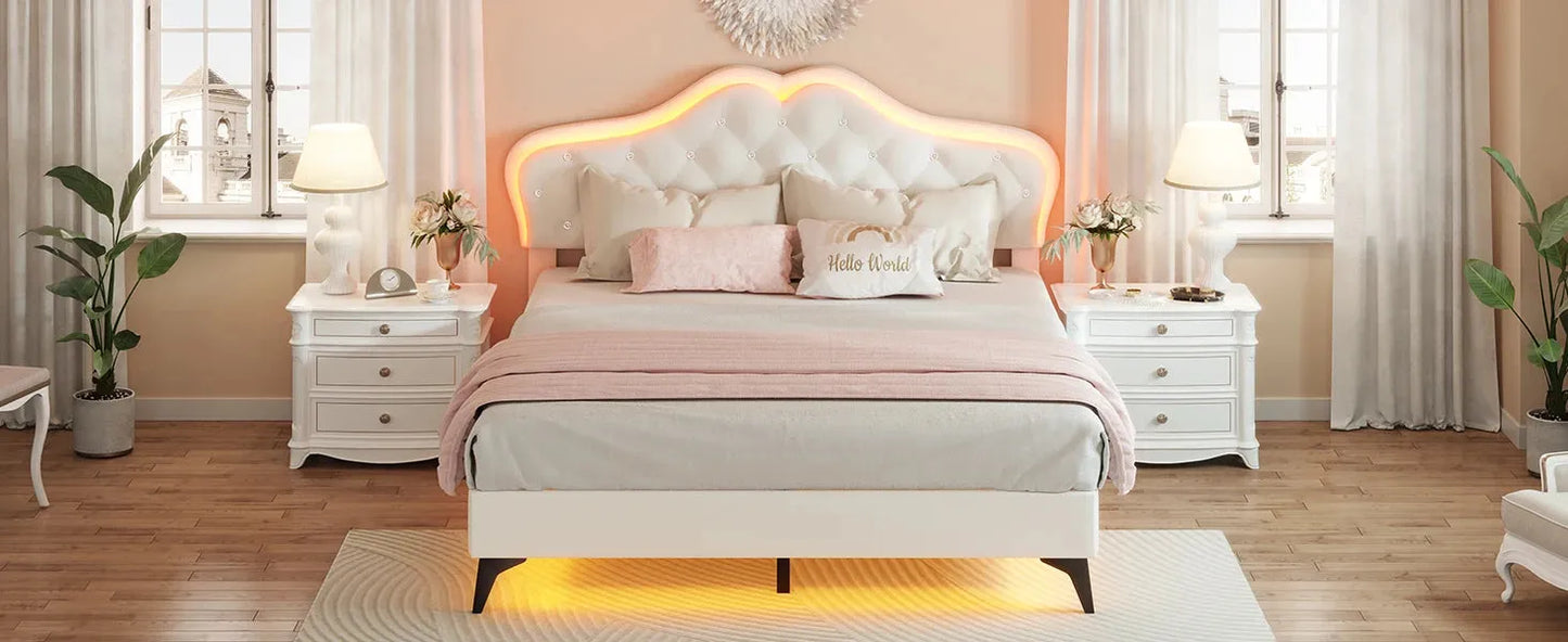 Queen Size Upholstered Bed Frame with LED Lights, Adjustable Headboard with Crystal Button, Solid Wood Slats Support, Beige
