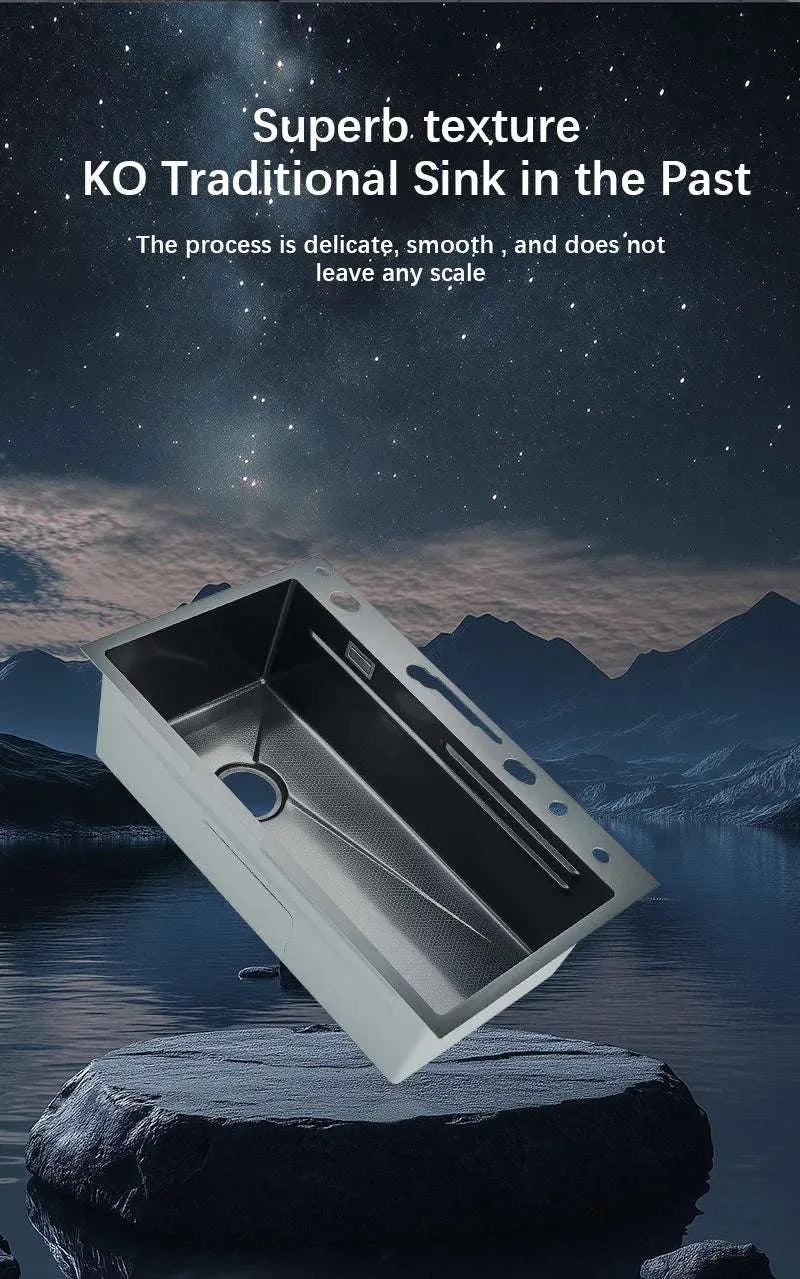 304 Stainless Steel Waterfall Kitchen Sink Large Single Slot Integrated Digital Display Faucet Set Soap Dispenser Cup Washer