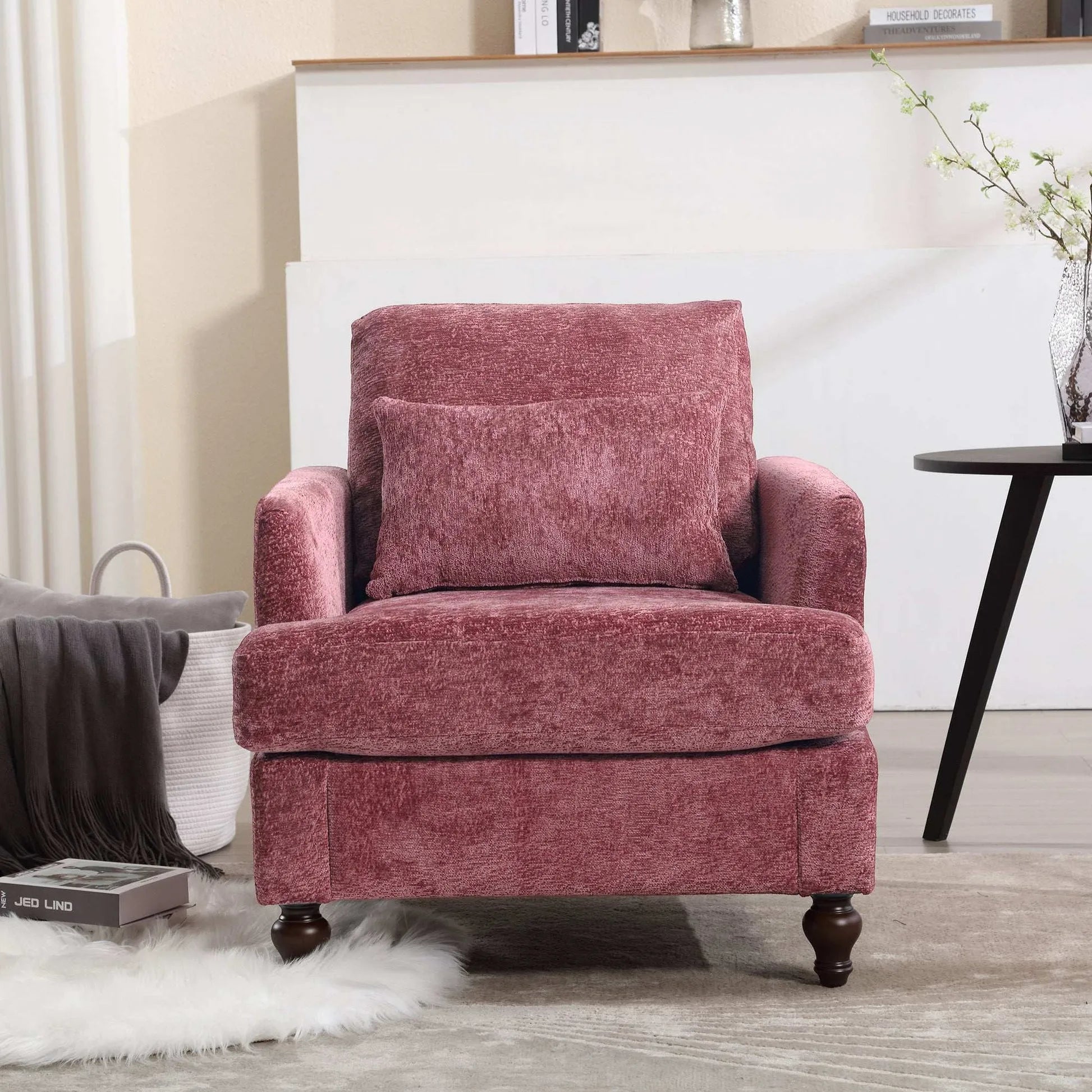 COOLMORE Wood Frame Armchair,  Modern Accent Chair Lounge Chair for Living Room,Tufted Club Chair, Mid Century Modern Arm Chairs with Studded, Solid Wood Frame, for Bedroom, Reading(Wine red Chenille) - Home Fusion