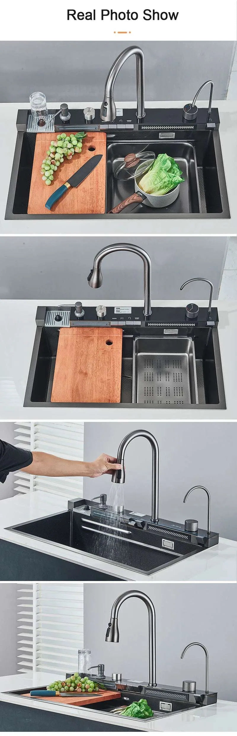 Stainless Steel Kitchen Sink with Faucet 75*45cm Large Single Bowl Digital Display Dish Basin Sink Waterfall Hot Cold Faucets - Home Fusion