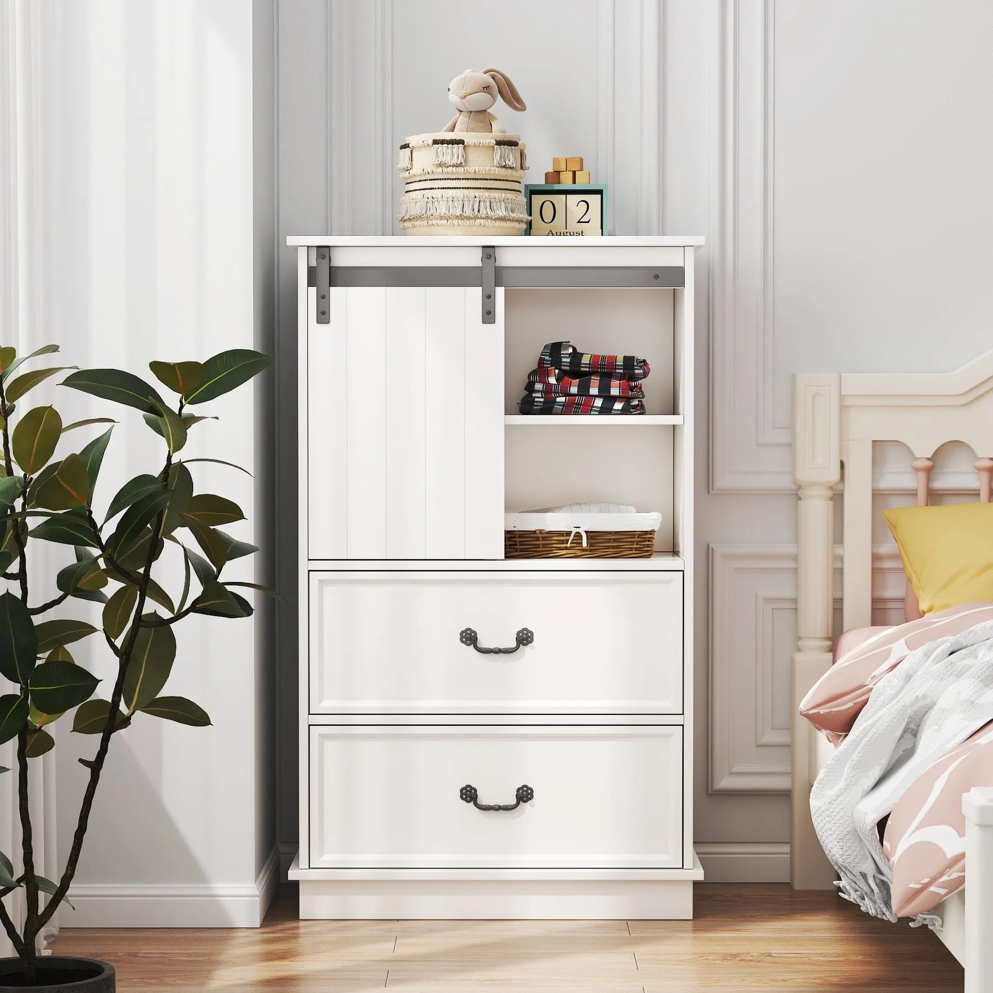 Farmhouse Tall Drawer Chest – 5 Drawers & Sliding Door Storage Shelf - Home Fusion