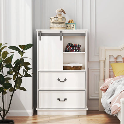 Farmhouse Tall Drawer Chest – 5 Drawers & Sliding Door Storage Shelf - Home Fusion