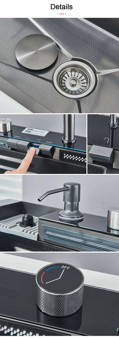 Stainless Steel Kitchen Sink with Faucet 75*45cm Large Single Bowl Digital Display Dish Basin Sink Waterfall Hot Cold Faucets - Home Fusion