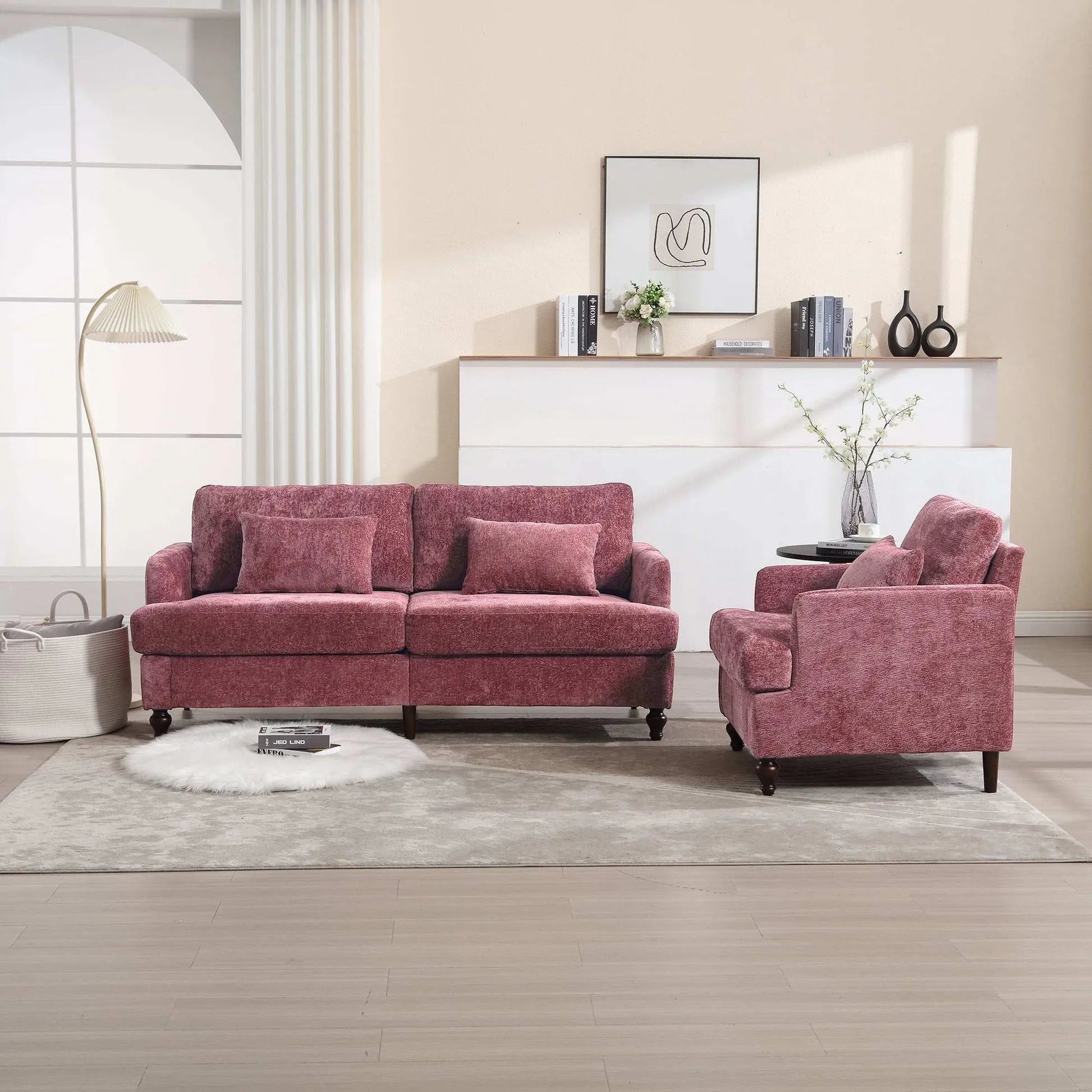 COOLMORE Wood Frame Armchair,  Modern Accent Chair Lounge Chair for Living Room,Tufted Club Chair, Mid Century Modern Arm Chairs with Studded, Solid Wood Frame, for Bedroom, Reading(Wine red Chenille) - Home Fusion
