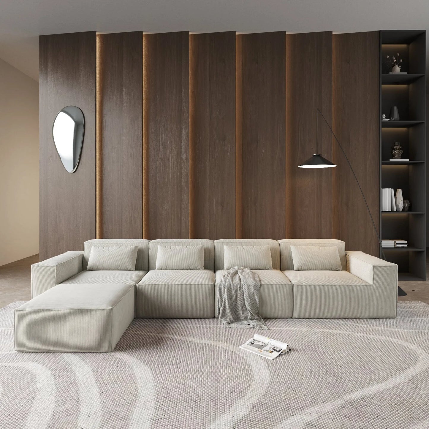 “Modern Sectional 4-Seater Sofa with Deep Seating & Cushions – Perfect for Family Rooms”