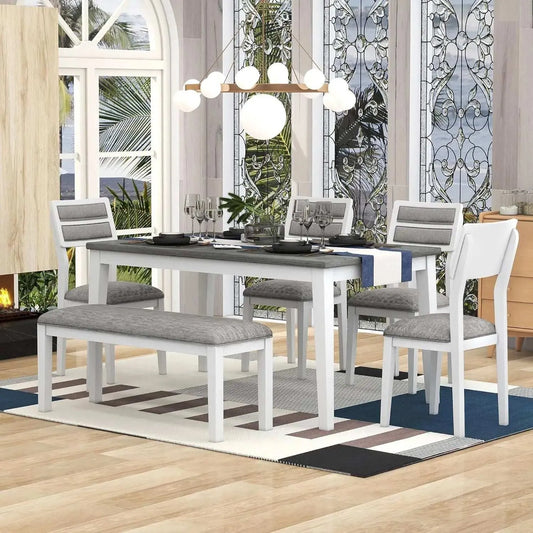 6 Pieces Dining Table Set with Bench, Rectangle Dining Table with 4 Upholstered Chairs & a Bench, Kitchen Table Chairs Set for 6 - Home Fusion