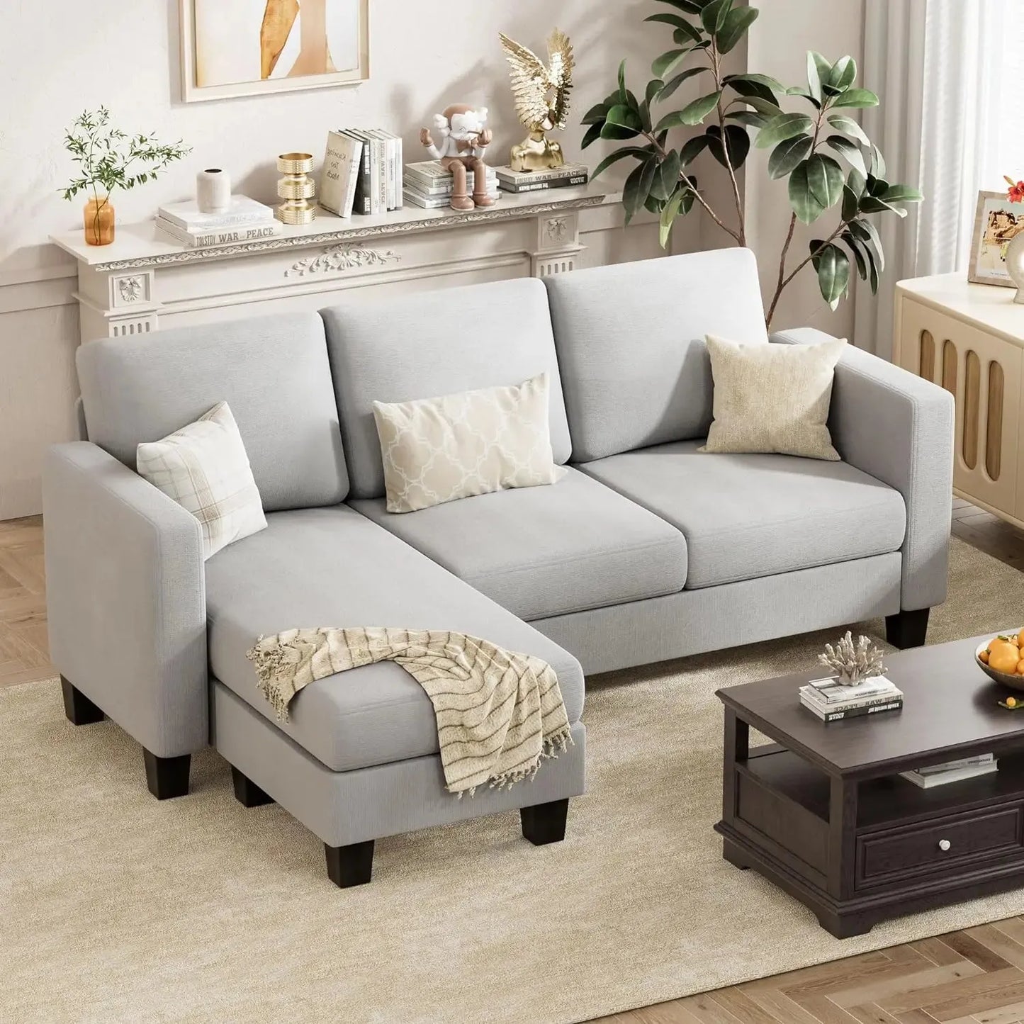 Convertible Sectional Couch, 3 Seat L-Shaped Sofa with Linen Fabric Ottoman Small Couch for Small Apartments
