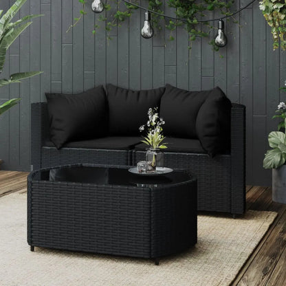 vidaXL 3 Piece Patio Lounge Set with Cushions Black Poly Rattan - Home Fusion
