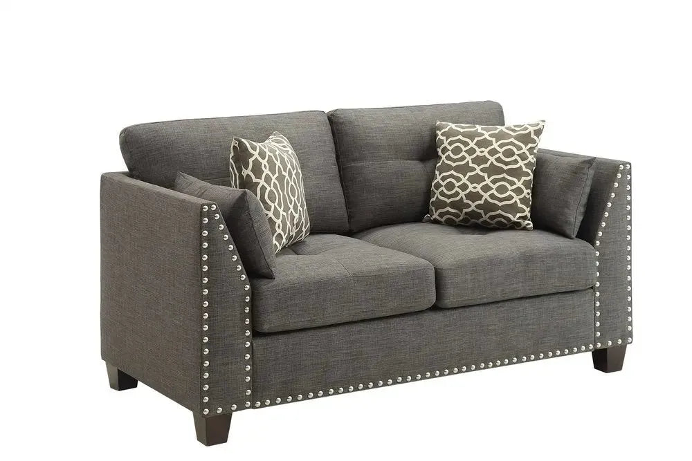 58" Light Gray And Dark Brown Loveseat and Toss Pillows - Home Fusion